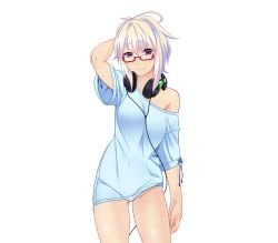 Rule 34 | 1girl, arms up, blush, fuuko ouji, game cg, glasses, headphones, legs, looking at viewer, nana g, no bra, onee-chan saimin before after, panties, pink eyes, short hair, simple background, smile, solo, standing, thighs, underwear, white background, white hair