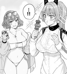 Rule 34 | !, ..., 2girls, ahoge, ame arare, anis (nikke), anis (sparkling summer) (nikke), bare shoulders, bikini, bikini under clothes, blush, braid, breasts, can, cleavage, collarbone, eyewear on head, food in mouth, gloves, goddess of victory: nikke, greyscale, grin, hand on own hip, headgear, helm (aqua marine) (nikke), helm (nikke), highres, holding, holding can, jewelry, large breasts, long hair, mask bikini, monochrome, multiple girls, necklace, official alternate costume, ponytail, see-through, see-through shirt, shirt, short hair, skewer, smile, spoken ellipsis, spoken exclamation mark, string bikini, sunglasses, swimsuit, wet, wet clothes, wet shirt, white gloves