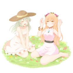 Rule 34 | 2girls, :d, absurdres, adapted costume, alternate costume, alternate hairstyle, bangle, bare legs, bare shoulders, barefoot, belt, between legs, blush, bracelet, breasts, closed eyes, closed mouth, commentary request, dress, flower, frills, grass, green hair, hair down, hand between legs, hands up, happy, hat, highres, jewelry, komeiji koishi, long hair, masakano masaka, medium breasts, multiple girls, necklace, no coat, open mouth, orange eyes, orange flower, orange hair, outdoors, petticoat, red flower, seiza, simple background, single bare arm, sitting, small breasts, smile, touhou, v arms, very long hair, wariza, white background, white dress, white flower, yorigami jo&#039;on