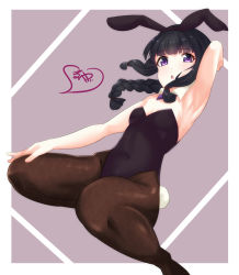 Rule 34 | 1girl, animal ears, black hair, black leotard, black pantyhose, blunt bangs, bow, bowtie, braid, breasts, commentary request, detached collar, dutch angle, fake animal ears, hair ribbon, highres, kantai collection, kitakami (kancolle), leotard, long hair, looking at viewer, open mouth, pantyhose, playboy bunny, purple bow, purple bowtie, purple eyes, rabbit ears, rabbit girl, rabbit tail, ribbon, sidelocks, single braid, sitting, small breasts, solo, strapless, strapless leotard, tail, tress ribbon, uruma gia, wariza