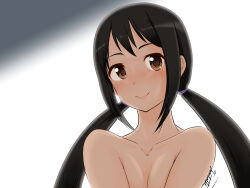 Rule 34 | 1girl, armpits, artist name, bare shoulders, black hair, breast press, brown eyes, casual nudity, collarbone, completely nude, eyelashes, female focus, gradient background, happy, highres, idolmaster, idolmaster cinderella girls, light blush, long hair, long twintails, looking at viewer, low twintails, nakano yuka, namco, neck, no bra, nude, out-of-frame censoring, sidelocks, signature, smile, standing, tanatoth, topless, topless frame, twintails, unworn clothes, upper body, v arms, white background