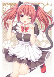 Rule 34 | 1girl, ;d, animal ears, apron, bad id, bad pixiv id, bell, black socks, blush, bow, bowtie, cat ears, clenched hands, detached collar, fake animal ears, fang, frilled apron, frilled socks, frills, headband, highres, kneehighs, long hair, looking at viewer, maid, maid apron, maid headdress, mary janes, nakamura sumikage, neck ribbon, one eye closed, open mouth, original, paw pose, paw print, polka dot, polka dot background, red eyes, red footwear, red hair, ribbon, ribbon-trimmed apron, ribbon trim, shoes, short sleeves, skirt, smile, socks, solo, tail, twintails, wink