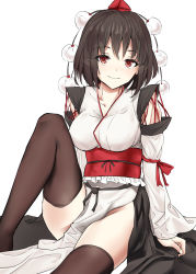 Rule 34 | 1girl, absurdres, arm support, black thighhighs, breasts, brown hair, closed mouth, collarbone, detached sleeves, ears visible through hair, feet out of frame, hair between eyes, hat, highres, kaoshuzi, knee up, kourindou tengu costume, looking at viewer, medium breasts, official alternate costume, pom pom (clothes), red eyes, red hat, shameimaru aya, short hair, simple background, sitting, smile, solo, thighhighs, tokin hat, touhou, white background