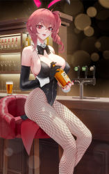 Rule 34 | 1girl, alcohol, animal ears, asymmetrical hair, azur lane, bad id, bad pixiv id, bar (place), beer, beer tap, black leotard, bottle, bow, bowtie, breasts, cirilla lin, counter, cup, detached collar, drinking glass, duca degli abruzzi (azur lane), elbow gloves, fake animal ears, fishnet pantyhose, fishnets, gloves, highres, holding, holding bottle, indoors, large breasts, lens flare, leotard, lips, liquor, looking at viewer, makeup, medium hair, pantyhose, parted lips, pink hair, playboy bunny, rabbit ears, red eyes, shelf, solo, spaghetti strap, stool, wine glass, wrist cuffs