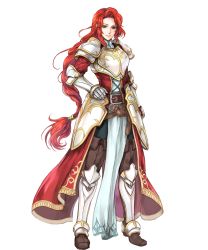 Rule 34 | 1girl, armor, armored boots, belt, boots, braid, breastplate, fire emblem, fire emblem: path of radiance, fire emblem heroes, full body, gauntlets, green eyes, hand on own hip, highres, long hair, looking at viewer, nintendo, official art, pants, pauldrons, pelvic curtain, red hair, shoulder armor, single braid, smile, solo, standing, titania (fire emblem), transparent background, very long hair, wada sachiko
