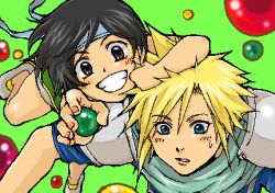 Rule 34 | 1boy, 1girl, arm on another&#039;s head, arm up, armor, black eyes, black hair, blonde hair, blue eyes, blue headband, blue shirt, cloud strife, crisis core final fantasy vii, final fantasy, final fantasy vii, foreshortening, gem, glomp, grabbing another&#039;s hair, green background, green gemstone, green scarf, green shirt, grin, happy, headband, holding orb, hug, jumping, looking down, lowres, materia, open mouth, pauldrons, popochan-f, red gemstone, scarf, shinra infantry uniform, shirt, short hair, shorts, shoulder armor, smile, spiked hair, sweatdrop, upper body, yellow gemstone, yuffie kisaragi