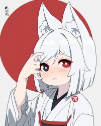 Rule 34 | 1girl, animal ear fluff, animal ears, black eyes, blush, closed mouth, commentary request, fang, fang out, fox ears, grey background, tucking hair, hand up, heterochromia, highres, japanese clothes, kimono, kuro kosyou, looking at viewer, obi, original, red background, red eyes, sash, short eyebrows, short hair, silver hair, solo, thick eyebrows, two-tone background, upper body, white kimono