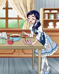Rule 34 | 1girl, apron, blue footwear, blue hair, chocolate, closed eyes, cooking, dress, frilled dress, frills, front ponytail, full body, futari wa precure, highres, juliet sleeves, kitchen, long hair, long sleeves, official art, precure, precure connection puzzlun, puffy sleeves, smile, solo, thick eyebrows, third-party source, yukishiro honoka