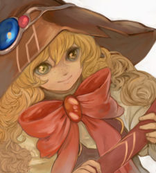 Rule 34 | 1girl, 3838383, beryl benito, blonde hair, bow, bowtie, curly hair, face, freckles, hat, holding, long hair, looking at viewer, smile, solo, tales of (series), tales of hearts, witch hat, yellow eyes