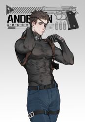 Rule 34 | 1boy, anderain, bara, belt, brown hair, commentary request, covered abs, covered erect nipples, covered navel, denim, eyepatch, gun, harness, jeans, leather, male focus, muscular, muscular male, ombra (anderain), original, pants, pectorals, short hair, sideburns, skin tight, solo, weapon