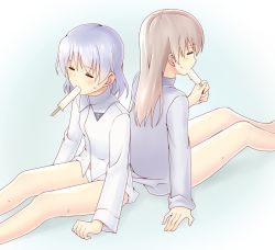 Rule 34 | 2girls, = =, arm support, back-to-back, blue hair, brown hair, eating, eila ilmatar juutilainen, closed eyes, food, food in mouth, momiji7728, mouth hold, multiple girls, no pants, panties, popsicle, sanya v. litvyak, sitting, strike witches, sweat, underwear, white panties, world witches series