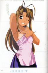 Rule 34 | 1girl, ;), absurdres, antenna hair, armpits, breasts, brown eyes, brown hair, camisole, english text, engrish text, grin, highres, long hair, looking at viewer, love hina, narusegawa naru, one eye closed, page number, ranguage, scan, shirt, shirt tan, smile, solo, tan, tanline, white background, wink