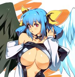 Rule 34 | 1girl, areola slip, areolae, asymmetrical wings, black choker, black wings, blue hair, breasts, center opening, choker, commentary, dizzy (guilty gear), dress, english commentary, erect nipples, eyebrows visible through hair, feathered wings, fingernails, guilty gear, guilty gear xx, hair ribbon, hair rings, highres, large breasts, long sleeves, looking at viewer, low twintails, no bra, optionaltypo, puffy long sleeves, puffy sleeves, red eyes, ribbon, solo, strapless, strapless dress, twintails, underboob, upper body, white wings, wings, yellow ribbon