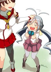 Rule 34 | 10s, 2girls, ahoge, ahoge wag, blush, clenched hands, collared shirt, diamond-shaped pupils, diamond (shape), expressive hair, closed eyes, from behind, grey legwear, hand on another&#039;s head, kantai collection, kiyoshimo (kancolle), long sleeves, looking at another, multiple girls, nassukun, open mouth, pantyhose, headpat, pleated skirt, red skirt, round teeth, shirt, single thighhigh, skirt, smile, solo focus, sparkling eyes, standing, symbol-shaped pupils, teeth, thighhighs, twitter username, vest, white shirt, yamato (kancolle)