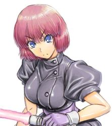 Rule 34 | 1girl, amania orz, blue eyes, breasts, closed mouth, energy sword, gaw ha leccee, gloves, holding, juusenki l-gaim, large breasts, looking at viewer, red hair, short hair, simple background, solo, sword, weapon, white background, white gloves