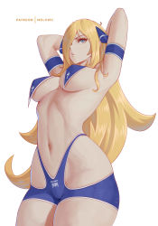 Rule 34 | 1girl, absurdres, armband, armpits, arms behind head, arms up, blonde hair, blue eyes, blue shorts, breast curtains, breasts, creatures (company), cynthia (pokemon), game freak, hair ornament, hair over one eye, highleg, highres, large breasts, long hair, melowh, micro shorts, navel, nintendo, pokemon, pokemon dppt, shorts, solo, t-back spats, thighs, very long hair