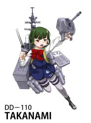 Rule 34 | &gt;:d, 10s, 1girl, :d, bad id, bad pixiv id, belt, blue dress, blush, bow, bowtie, brown eyes, cannon, character name, clenched hand, dress, green hair, grey pantyhose, highres, kantai collection, leg belt, long sleeves, machinery, mecha musume, nishinishi (nagareboshi), open mouth, outstretched arm, pantyhose, serious, shirt, short hair, simple background, smile, solo, takanami (jmsdf 2nd), takanami (kancolle), turret, v-shaped eyebrows, white background, white shirt