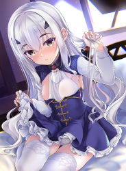 Rule 34 | 1girl, blue dress, breasts, brown eyes, dress, melusine (fate), melusine (second ascension) (fate), fate/grand order, fate (series), forked eyebrows, frills, highres, hitsujibane shinobu, long hair, long sleeves, looking at viewer, nipples, one breast out, sidelocks, sitting, small breasts, thighhighs, thighs, white hair, white thighhighs
