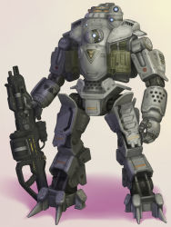 Rule 34 | ammunition box, atlas (titanfall), beige background, cable, grey background, gun, hdfm, highres, holding, holding gun, holding weapon, looking to the side, mecha, mecha focus, no humans, open hand, realistic, robot, scope, shadow, solo, standing, titanfall, titanfall (series), weapon