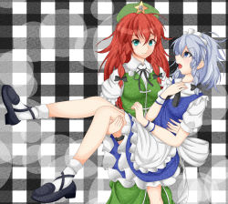 Rule 34 | 2girls, beret, black bow, black footwear, black ribbon, blue eyes, bow, breasts, carrying, commentary request, cross-laced footwear, dress, feet out of frame, frilled shirt collar, frills, green dress, green eyes, green headwear, hair between eyes, hair bow, hat, hong meiling, izayoi sakuya, kakineko, lens flare, loafers, long hair, looking at another, looking at viewer, maid, maid headdress, multiple girls, neck ribbon, petticoat, plaid, plaid background, princess carry, profile, puffy short sleeves, puffy sleeves, red hair, ribbon, shirt, shoes, short dress, short hair, short sleeves, side slit, silver hair, small breasts, smile, socks, standing, star (symbol), thigh strap, touhou, white legwear, white shirt, wrist cuffs
