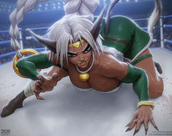 Rule 34 | 1girl, aisha clanclan, barretxiii, bell, blue eyes, breasts, claws, collar, crowd, dark-skinned female, dark skin, detached sleeves, fangs, grin, jingle bell, large breasts, long hair, muscular, muscular female, neck bell, outlaw star, sharp teeth, slit pupils, smile, solo, squatting, sweat, teeth, white hair, wrestling ring