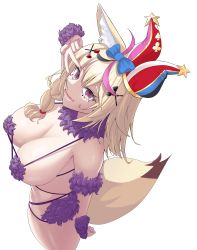 Rule 34 | 0m00n, 1girl, :d, absurdres, animal ear fluff, animal ears, bikini, blonde hair, blue bow, bow, breasts, commentary, cosplay, cowboy shot, fangs, fate/grand order, fate (series), fox ears, fox tail, fur bikini, fur collar, hair bow, hair ornament, hat, highres, holofive, hololive, jester cap, large breasts, looking at viewer, mash kyrielight, mash kyrielight (dangerous beast), mash kyrielight (dangerous beast) (cosplay), medium hair, nail polish, omaru polka, open mouth, pink nails, purple bikini, purple eyes, revealing clothes, simple background, smile, solo, standing, swimsuit, tail, thighs, v over eye, virtual youtuber, white background, x hair ornament