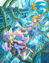 Rule 34 | 2girls, animal ears, bell, blonde hair, blue eyes, blush, bow, breasts, bug, butterfly, closed mouth, cube, fox ears, fox tail, headphones, insect, kutsunohito, long hair, looking at viewer, looking away, medium breasts, multiple girls, original, plant, red bow, sandals, short hair, sideboob, smile, socks, tail, vines, white hair, white legwear