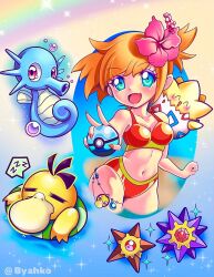 Rule 34 | 1girl, artist request, asymmetrical hair, bare shoulders, bikini, blue eyes, blush, breasts, creatures (company), female focus, flower, game freak, gen 1 pokemon, gen 2 pokemon, hair flower, hair ornament, hair tie, highres, holding, holding poke ball, horsea, legs, looking at viewer, medium breasts, misty (pokemon), navel, nintendo, orange hair, poke ball, pokemon, pokemon rgby, ponytail, psyduck, red bikini, shiny skin, shirt, short hair, side ponytail, simple background, source request, starmie, staryu, swimsuit, thighs, togepi