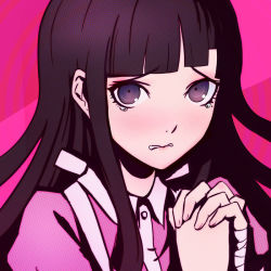 Rule 34 | 1girl, black eyes, black hair, blunt bangs, blush, commentary, danganronpa (series), danganronpa 2: goodbye despair, long hair, looking at viewer, open mouth, own hands clasped, own hands together, pink background, pink shirt, qosic, shirt, solo, sweatdrop, tearing up, tsumiki mikan, upper body