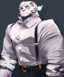 Rule 34 | 1boy, alternate costume, animal ears, arknights, bara, beard, black pants, collared shirt, cowboy hat, facial hair, facial scar, formal, furry, furry male, hat, highres, large pectorals, looking at viewer, male focus, mature male, medium hair, mountain (arknights), muscular, muscular male, official alternate hairstyle, pants, pectorals, plilitbluu, ponytail, scar, scar on arm, scar on cheek, scar on face, shirt, sleeves rolled up, smile, solo, suspenders, tiger boy, tiger ears, white fur