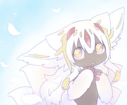 Rule 34 | 1girl, :o, ameamee69, animal ears, blonde hair, blue background, bright pupils, claws, commentary request, completely nude, dark-skinned female, dark skin, faputa, fewer digits, hair between eyes, hands up, long hair, looking at viewer, made in abyss, multicolored hair, multiple tails, nude, parted lips, petals, sidelocks, solo, streaked hair, tail, upper body, white fur, white hair, yellow eyes, yellow pupils
