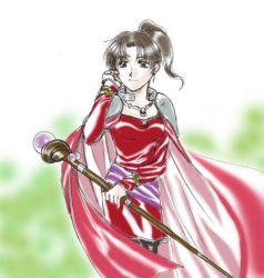 Rule 34 | 1girl, arc the lad, arc the lad iii, blush, brown eyes, brown hair, dress, haku boku ko shi, holding, jewelry, long sleeves, looking away, looking to the side, lowres, marsia (arc the lad), necklace, pendant, ponytail, red dress, rod, short hair, solo, staff