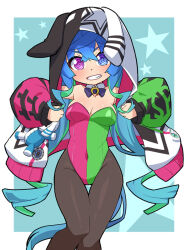 Rule 34 | 1girl, @ @, animal hood, aqua background, aqua hair, blue eyes, blue hair, border, breasts, brown pantyhose, bunny day, cleavage, clothes grab, coat, commentary request, covered navel, crossed bangs, detached collar, feet out of frame, green leotard, grin, hands up, heterochromia, highleg, highleg leotard, hood, hood up, hooded coat, horse girl, horse tail, leotard, long hair, long sleeves, looking at viewer, medium breasts, multicolored coat, multicolored hair, nino (ninouchi irazu), nontraditional playboy bunny, open clothes, open coat, outside border, pantyhose, pink leotard, purple eyes, rabbit hood, sidelocks, smile, solo, star (symbol), strapless, strapless leotard, stuffed animal, stuffed rabbit, stuffed toy, tail, twin turbo (umamusume), twintails, two-tone hair, two-tone leotard, umamusume, very long hair, white border