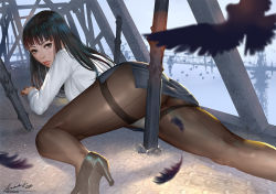 Rule 34 | 1girl, ariverkao, ass, bird, black eyes, black hair, blurry, blurry background, blurry foreground, breasts, closed mouth, crane (animal), dated, feathers, high heels, large breasts, lips, long hair, looking at viewer, looking back, lying, on stomach, original, panties, panties under pantyhose, pantyhose, shirt, signature, skirt, solo, sword, underwear, weapon, white shirt