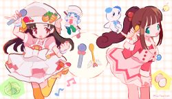 Rule 34 | 2girls, :3, :d, absurdres, arm up, bell pepper, blunt bangs, blush, bow, brown hair, carrot, chef hat, cherry, collared dress, commentary request, cooking idol ai! mai! main!, cowboy shot, crossover, dress, food, fruit, green eyes, green footwear, hair bobbles, hair ornament, hand up, hat, highres, hiiragi mine, himeno mimika, holding, holding microphone, holding spoon, jewelry, leaning forward, long hair, long sleeves, looking at another, looking at viewer, magatama, magatama necklace, microphone, miracle! mimika, misanga (cooking idol ai! mai! main!), multiple girls, musical note, necklace, noniha, open mouth, pepper, pink background, pink dress, plaid, plaid background, ponytail, puffy short sleeves, puffy sleeves, red eyes, short sleeves, smile, spoon, standing, strawberry, stuffed animal, stuffed toy, tama (miracle! mimika), thighhighs, trait connection, white bow, white headwear, wrist cuffs, yellow thighhighs