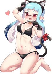 Rule 34 | 1girl, animal ear fluff, animal ears, animal hands, bell, bikini, black bikini, black choker, blue hair, blush, bow, breasts, cat ears, cat tail, choker, cleavage, ear blush, eyebrows, fake animal ears, fang, feet, female focus, gloves, groin, highres, inkling, inkling girl, inkling player character, jingle bell, long hair, looking at viewer, medium breasts, navel, nintendo, open mouth, paw gloves, paw pose, penguin maru (penginmaru), pointy ears, red bow, red eyes, seiza, simple background, sitting, smile, solo, splatoon (series), stomach, suction cups, sweat, swimsuit, tail, tail bow, tail ornament, tentacle hair, thighs, white background