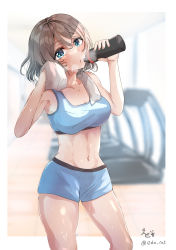 Rule 34 | 1girl, abs, alternate costume, armpits, blue eyes, blush, border, bottle, breasts, brown hair, cleavage, commission, groin, highres, looking at viewer, love live!, love live! sunshine!!, medium breasts, moedomura, navel, open mouth, outside border, shorts, skeb commission, solo, sports bra, sweat, thighs, towel, towel around neck, treadmill, twitter username, watanabe you, water bottle, white border