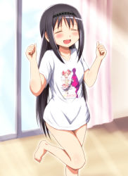 Rule 34 | 10s, 1girl, :d, = =, akemi homura, alternate costume, arms up, bare legs, barefoot, black hair, blush, body blush, bottomless, cameo, closed eyes, clothes writing, collarbone, curtains, diesel-turbo, hairband, happy, indoors, kaname madoka, kaname madoka (cameo), kyubey, leg up, legs together, light rays, long hair, mahou shoujo madoka magica, mahou shoujo madoka magica (anime), meta, naked shirt, no pants, open mouth, shirt, smile, solo, standing, standing on one leg, sunbeam, sunlight, t-shirt, v-neck, window