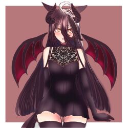 Rule 34 | 1girl, ahoge, alternate costume, animal ears, b9pqpy, bare shoulders, black dress, black gloves, black hair, black thighhighs, blush, border, breasts, commentary request, cowboy shot, dress, elbow gloves, gloves, hair between eyes, horns, horse ears, horse girl, horse tail, lace, long hair, manhattan cafe (umamusume), multicolored hair, open mouth, red background, simple background, sleeveless, sleeveless dress, small breasts, smile, solo, streaked hair, tail, thighhighs, umamusume, very long hair, white border, white hair, wings, yellow eyes