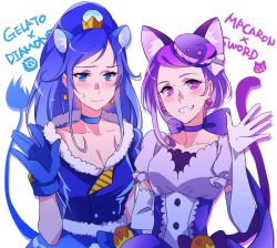 Rule 34 | 10s, 2girls, animal ears, bad id, bad twitter id, blue eyes, blue gloves, blue hair, blush, breasts, cat ears, cat tail, choker, cleavage, clenched teeth, color connection, cosplay, cure diamond, cure gelato, cure gelato (cosplay), cure macaron, cure macaron (cosplay), cure sword, dokidoki! precure, earrings, elbow gloves, extra ears, food-themed hair ornament, gloves, hair ornament, hishikawa rikka, jewelry, kenzaki makoto, kirakira precure a la mode, lion ears, lion tail, long hair, looking at viewer, multiple girls, negom, ponytail, precure, purple eyes, purple hair, short hair, simple background, smile, tail, teeth, white background, white gloves