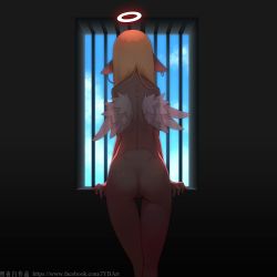 Rule 34 | 1girl, angel, ass, back, backlighting, blonde hair, blue sky, day, dimples of venus, earrings, facing away, feathered wings, floating, floating object, from behind, halo, indoors, jewelry, long hair, nude, original, pointy ears, prison cell, sky, solo, standing, thigh gap, watermark, web address, white wings, wings, zhaoyebai