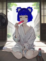 Rule 34 | 1girl, ^ ^, absurdres, animal ears, barefoot, between legs, blue hair, blunt bangs, blush, bob cut, bottle, bottomless, closed eyes, collarbone, day, drink, eating, electric fan, facing viewer, floating hair, food, food in mouth, full body, gris (vertigris), hand between legs, hand up, highres, holding, holding food, hot, indoors, long sleeves, melting, naked shirt, on floor, open door, original, oversized clothes, partially unbuttoned, popsicle, ramune, shirt, short hair, sitting, sliding doors, solo, sweat, tatami, vertigris, wariza, water bottle, white shirt