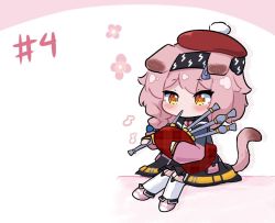 Rule 34 | 1girl, animal ears, arknights, bagpipes, black hairband, black skirt, blue bow, blue jacket, blush, bow, braid, cat ears, cat girl, cat tail, chibi, floppy ears, full body, garter straps, goldenglow (arknights), hair bow, hair ornament, hairband, hairclip, hat, holding, holding instrument, instrument, jacket, kurotofu, lightning bolt print, long hair, multicolored clothes, multicolored jacket, music, pink footwear, pink hair, pink jacket, playing instrument, pom pom (clothes), red headwear, skirt, solo, tail, thighhighs, two-tone jacket, white thighhighs, yellow eyes