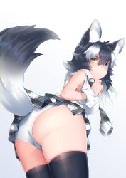 Rule 34 | 1girl, absurdres, akuma (st.takuma), animal ear fluff, animal ears, ass, bare arms, bare shoulders, black hair, black thighhighs, blue eyes, breasts, chromatic aberration, closed mouth, collared shirt, cowboy shot, from behind, grey wolf (kemono friends), hair between eyes, hand up, heterochromia, highres, kemono friends, large breasts, leaning forward, long hair, looking at viewer, looking back, microskirt, multicolored hair, necktie, no jacket, panties, plaid, plaid necktie, plaid neckwear, plaid skirt, seductive smile, shiny skin, shirt, skindentation, skirt, sleeveless, sleeveless shirt, smile, solo, tail, thighhighs, two-tone hair, underwear, vaginal, white hair, white panties, white shirt, wolf ears, wolf girl, wolf tail, wrist cuffs, yellow eyes
