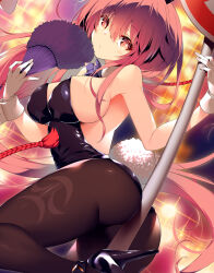 Rule 34 | 1girl, alternate costume, animal ears, black footwear, black leotard, black pantyhose, breasts, bright pupils, cleavage, closed mouth, commentary request, fur trim, gloves, hand fan, hata no kokoro, high heels, highres, holding, holding fan, large breasts, leotard, long hair, looking at viewer, pantyhose, pink eyes, pink hair, playboy bunny, rabbit ears, rabbit tail, road sign, sakurame, sideboob, sign, solo, tail, touhou, white gloves, white pupils
