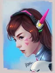 Rule 34 | 1girl, black eyes, blue background, bodysuit, brown hair, d.va (overwatch), eyebrows, eyelashes, facepaint, facial mark, headphones, lipstick, long hair, looking to the side, makeup, nose, overwatch, overwatch 1, parted lips, peter xiao, pilot suit, portrait, profile, red lips, signature, solo, superschool48, swept bangs, whisker markings