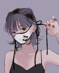 Rule 34 | 1girl, black camisole, black eyes, camisole, grey background, grey hair, hand up, highres, jewelry, looking at viewer, mask, mouth mask, nail polish, original, red nails, ring, short hair, simple background, solo, tami moon, white mask