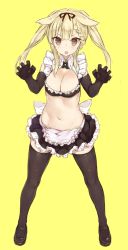Rule 34 | 1girl, :o, absurdres, alternate costume, alternate hairstyle, apron, black footwear, black gloves, black thighhighs, blonde hair, blush, braid, breasts, brown eyes, cleavage, elbow gloves, fang, frills, full body, gloves, goekawa, hair flaps, hair ribbon, highres, kantai collection, long hair, looking at viewer, medium breasts, navel, open mouth, paw pose, ribbon, shoes, simple background, skin fang, solo, standing, thighhighs, twintails, yellow background, yuudachi (kancolle), yuudachi kai ni (kancolle)