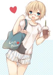 Rule 34 | 1girl, :d, bag, blonde hair, blue eyes, casual, drinking, english text, glasses, handbag, heart, komeshiro kasu, looking at viewer, open mouth, original, patterned background, red-framed eyewear, shorts, smile, solo, starbucks, striped clothes, striped shorts, vertical-striped clothes, vertical-striped shorts, white background
