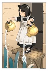 1girl akai_sashimi animal_ears apron artist_name black_hair cat_ears cat_girl cat_tail closed_eyes collared_dress commentary_request dress eel full_body holding holding_teapot maid mary_janes original pouring shoes short_hair three-quarter_sleeves solo tail teapot water